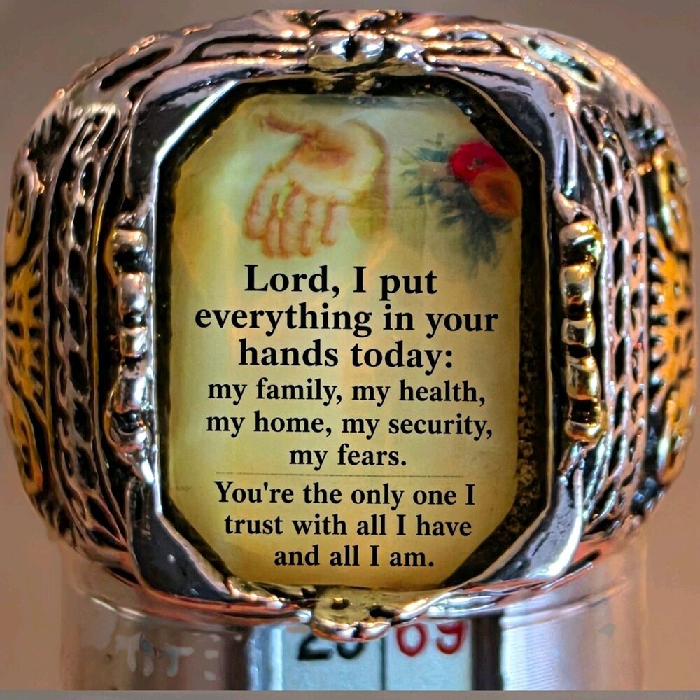 Religious Engraved Signet Ring Silver/Gold Tone Rectangle Metal Size 11.5